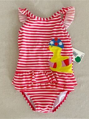 Baby Boden 12-18m Red Striped One-Piece Swimsuit with Yellow Duck Applique